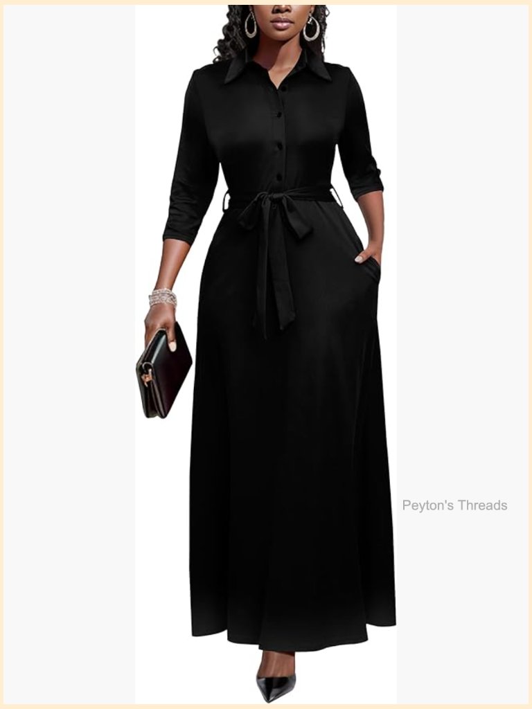 Women 3/4 Sleeve Button Down Maxi Dress With Pockets